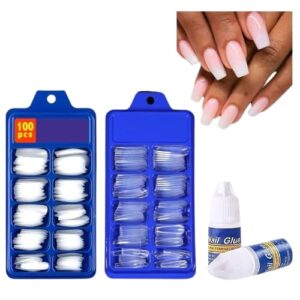 Professional 200-Piece Artificial Nails Set - 100 White & 100 Transparent with 2 Nail Glue Combo - Nail Salon Quality.