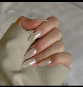 press on 24 pcs White Chrome Aurora pearl finish || Almond shape long || Press on fake artificial nail extension set || With nail glue sticker & nails apply kit for girls women (White Chrome)