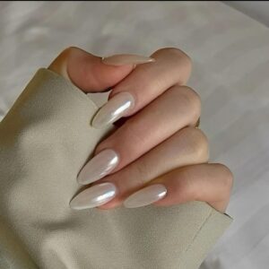 press on 24 pcs White Chrome Aurora pearl finish || Almond shape long || Press on fake artificial nail extension set || With nail glue sticker & nails apply kit for girls women (White Chrome)