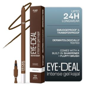 FAE Beauty 24Hr Longstay Eye-Deal Intense Gel Kajal -Smudgeproof, Waterproof, With Built-in Sharpener & Fine Bristle Brush | One Swipe Application, Non-Irritant, Ophthalmologically & Dermat Tested - Brown Sugar