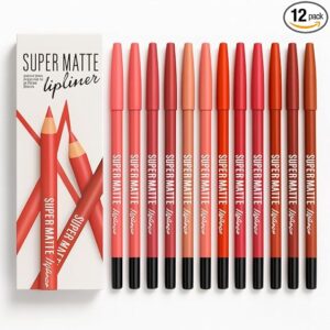 Super Matte Lipliner Set Of 12 - Pencil Waterproof, Nude, Professional Multicolored Long-Lasting for Women and Girls