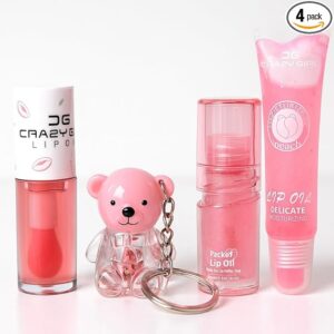 Asthetic Kawaii Lip Gloss Combo Set of 4 – Heart, Candy, Toffee & Bottle Shape | pH Color Changing, Natural Pink Tint | Cute Flavored Mini Lip Gloss Gift for Women (Lip gloss combo 4)