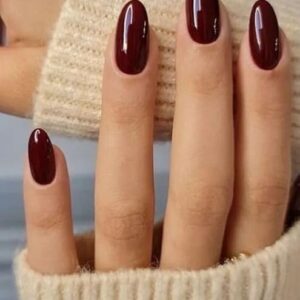 Set of 14 pc, Press-On Nails, Dark Maroon Almond Shape, Glossy Finish with free glue kit