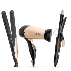 Vega Miss Versatile Styling Set Straightener, Curler & Dryer Gift Combo for Women, 1000W Hair Dryer with 2 Head/Speed Setting, Hair Straightener & Curler Comes with Ceramic Coated, (VHSS-03), Black