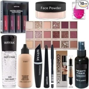 Makeup Kit with Eyeshadow, Primer, Fixer, Contour Stick, Foundation, 3 in 1 Eyeliner, Mascara & Pencil, Face Powder, Lipstick & Beauty Blender (Pack of 10)