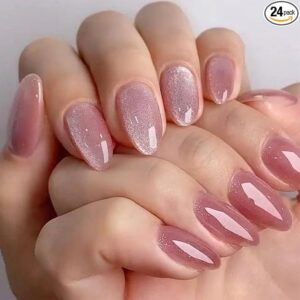 24-Piece Fake Nails, Blush Nude Cat Eye Press On Nails Kit, Reusable Artificial Nails for Women, Easy Application Nail Extensions with Adhesive Tabs and Tools