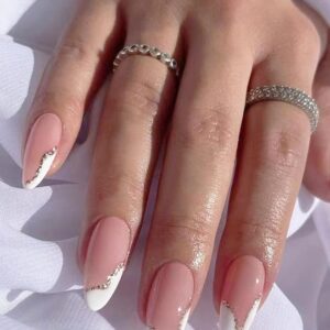 Secret Lives Premium Press on Nails Reusable Artifical Designer Fake Nails Extension Transparent with Golden Glitter Design 24 PCS Set with Kit