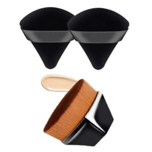 Foundation Brush and 2Pcs Triangle Powder Puffs, Base Makeup Brush for Blending Liquid, Face Makeup Puff for Body Loose Powder Beauty Makeup Tool (Black Color)