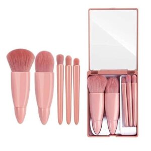 Travel Size Mini Makeup Brushes Set with Mirror, Complete Function Cosmetic 5 Pcs Brushes Kit Case Apply to Face Foundation, Powder, Concealers, Eyebrow, Eyeshadow Blush and Lip Gloss