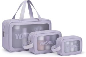 Wash Bag Cosmetic Case Set of 3, Clear Travel Wash Bags with Handles, Water-Repellent Bags, Transparent Wash Bags (Purple)