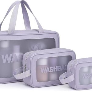 Wash Bag Cosmetic Case Set of 3, Clear Travel Wash Bags with Handles, Water-Repellent Bags, Transparent Wash Bags (Purple)