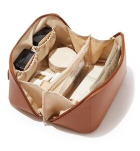 JRM Large Capacity Travel Cosmetic Makeup Bag, Waterproof Makeup Pouch with Handle and Divider, Portable Open Flat Toiletry Organizer Bag for Women (Brown)