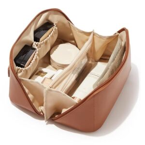 JRM Large Capacity Travel Cosmetic Makeup Bag, Waterproof Makeup Pouch with Handle and Divider, Portable Open Flat Toiletry Organizer Bag for Women (Brown)